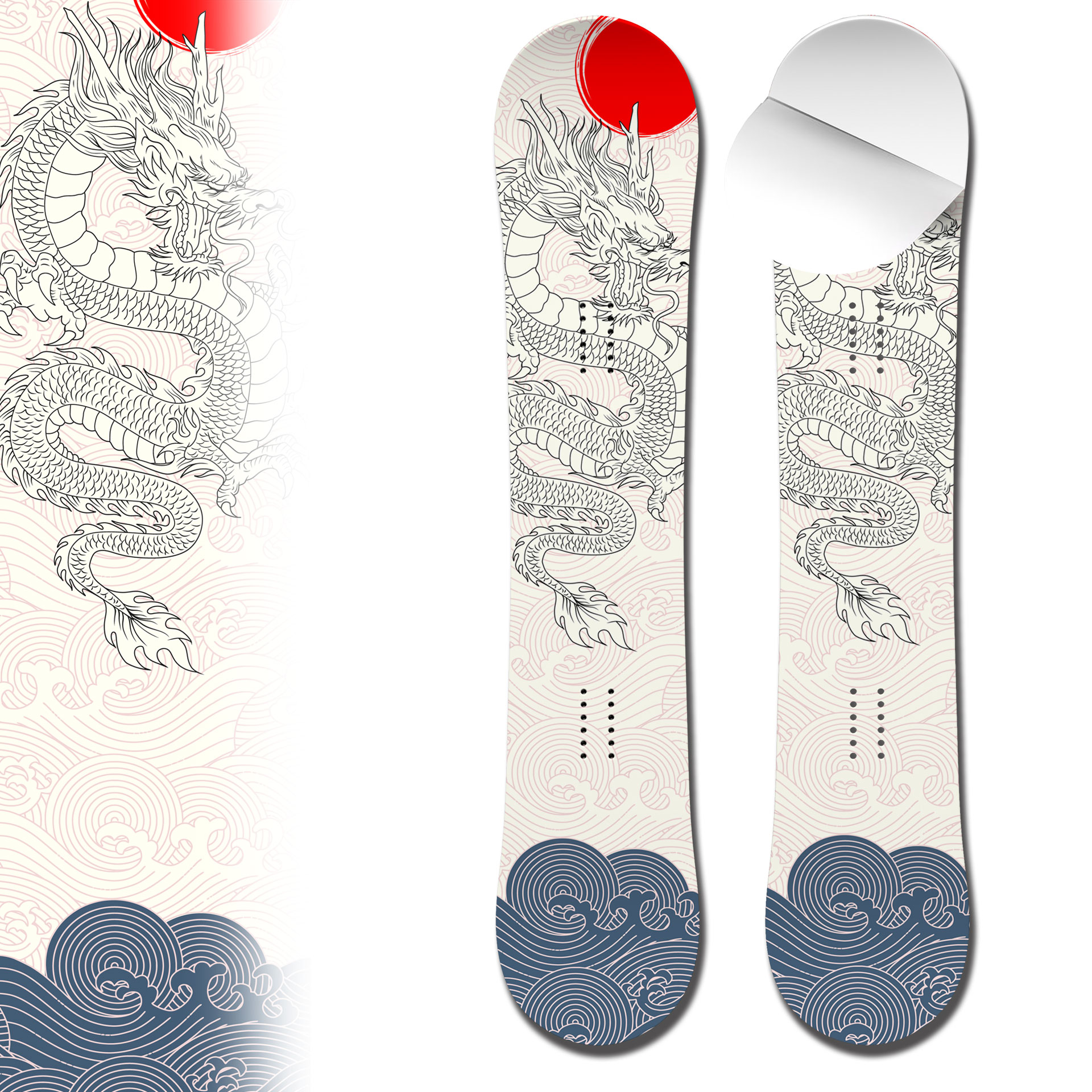 Snowboard Wrap line art dragon with waves and sun design