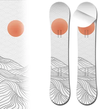 Snowboard wrap typographic mountain line art and sun vinyl snowboard skin
