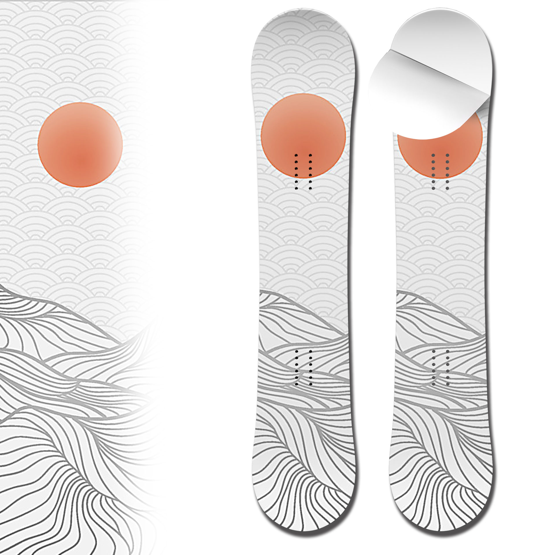 Snowboard wrap typographic mountain line art and sun vinyl snowboard skin