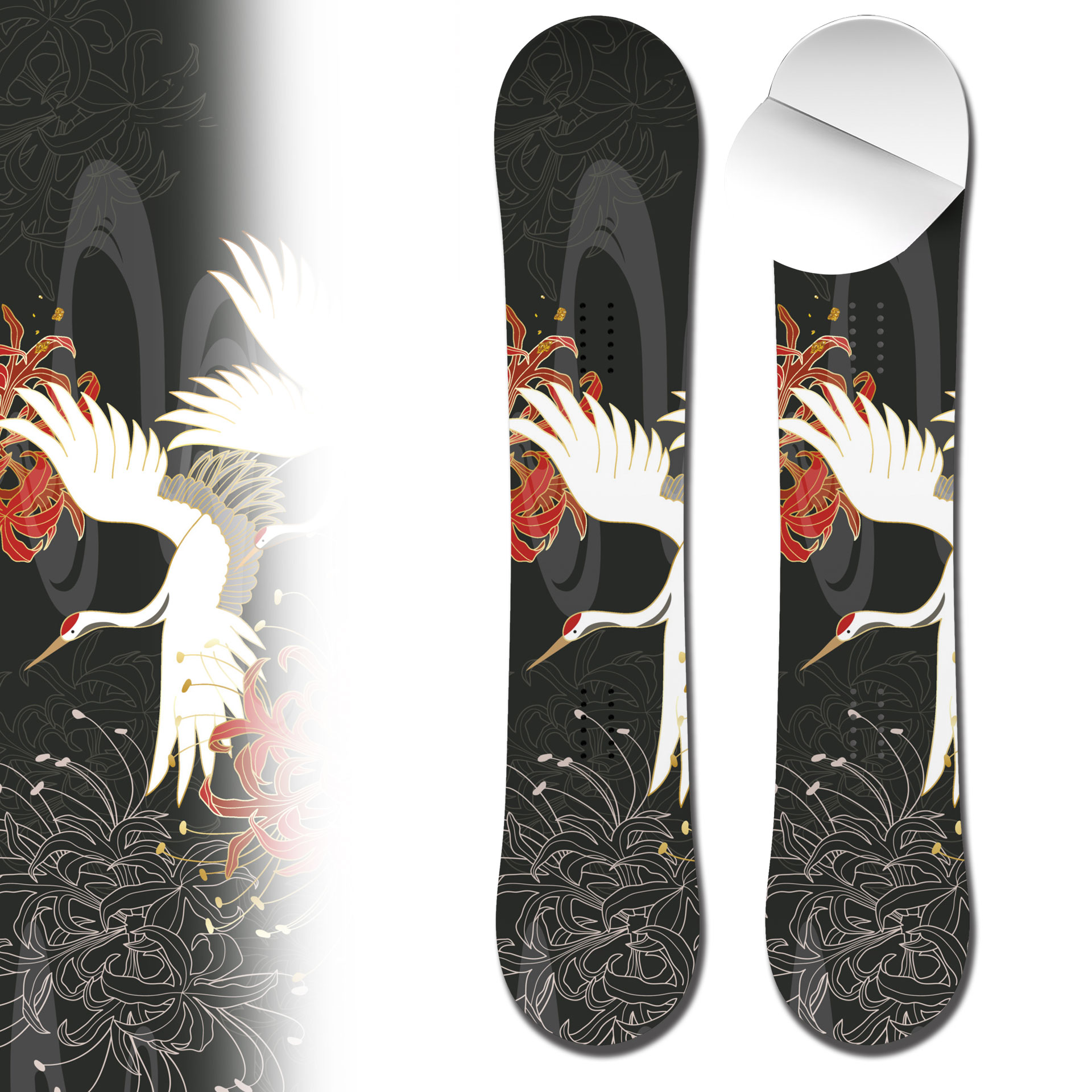 Snowboard wrap crane with flowers vinyl snowboard skin