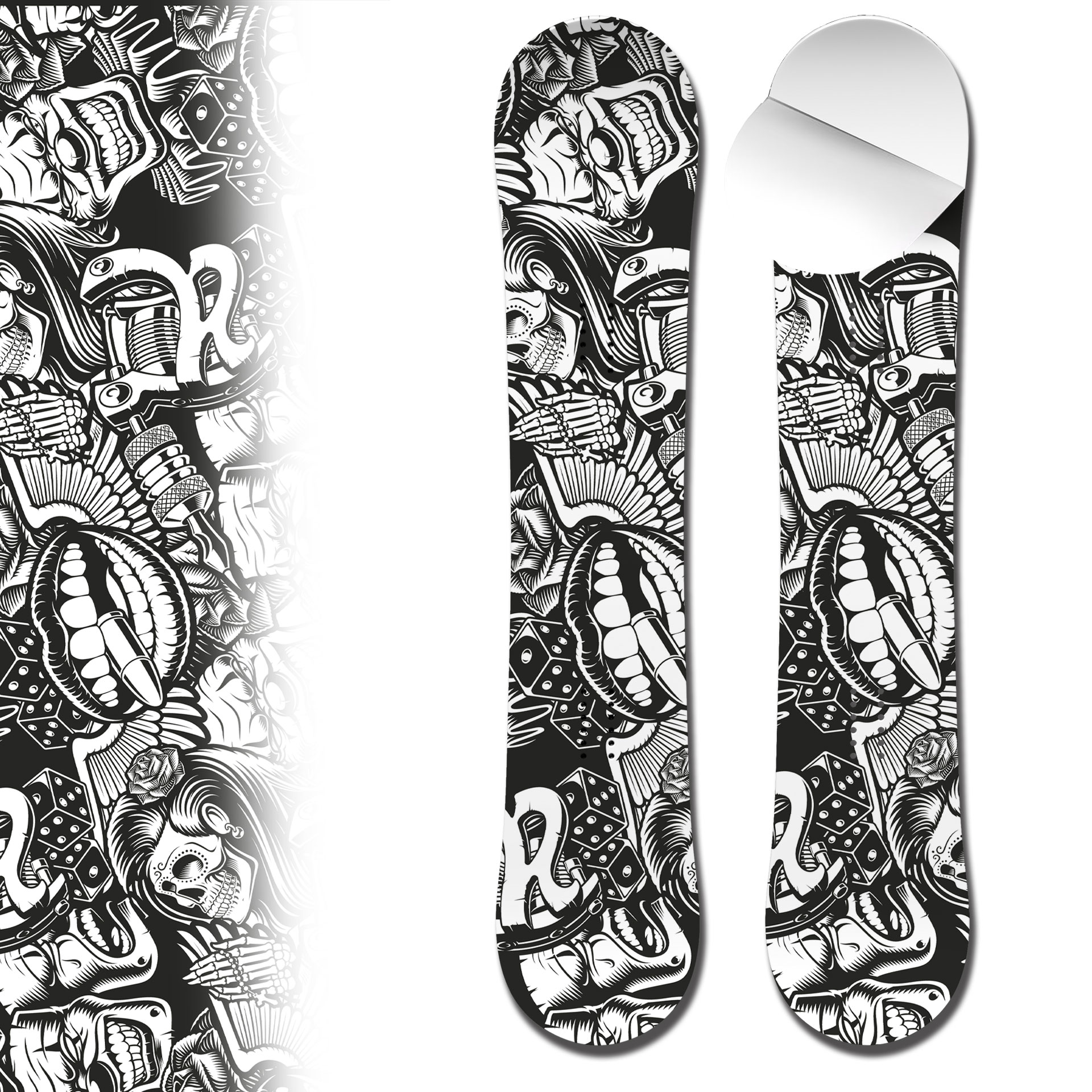 Snowboard wrap black and white graffiti mouth and dice adhesive vinyl snowboard skin