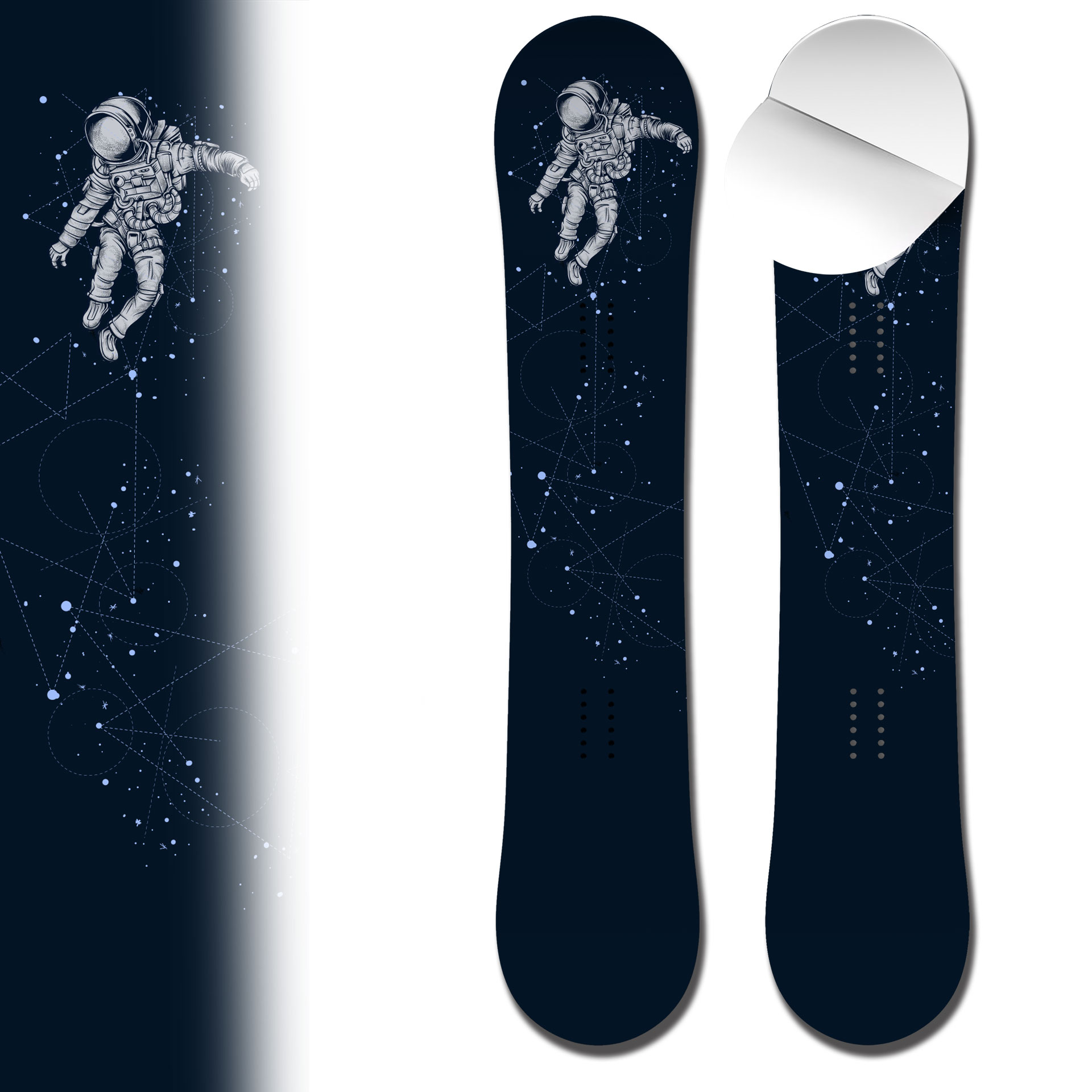 Snowboard wrap astronaut posing on space adhesive vinyl snowboard skin