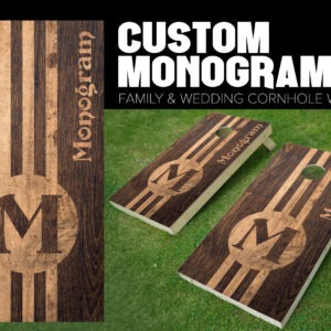 cornhole board wrap customized and personalized with family monogram wood stained with family monogram and initial