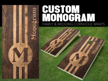 cornhole board wrap customized and personalized with family monogram wood stained with family monogram and initial