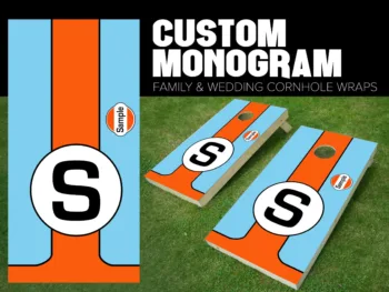 cornhole board wrap customized and personalized with family monogram gulf gt40 racing monogram and initial