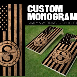 cornhole board wrap customized and personalized with family monogram wood stained with initials and American flag USA