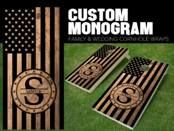 cornhole board wrap customized and personalized with family monogram wood stained with initials and American flag USA
