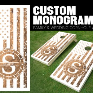 cornhole board wrap customized and personalized with family monogram wood stained with initials and American flag USA