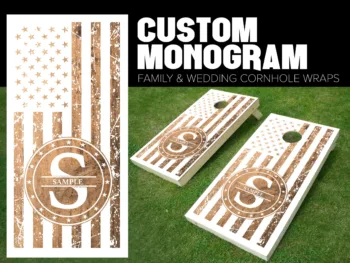 cornhole board wrap customized and personalized with family monogram wood stained with initials and American flag USA