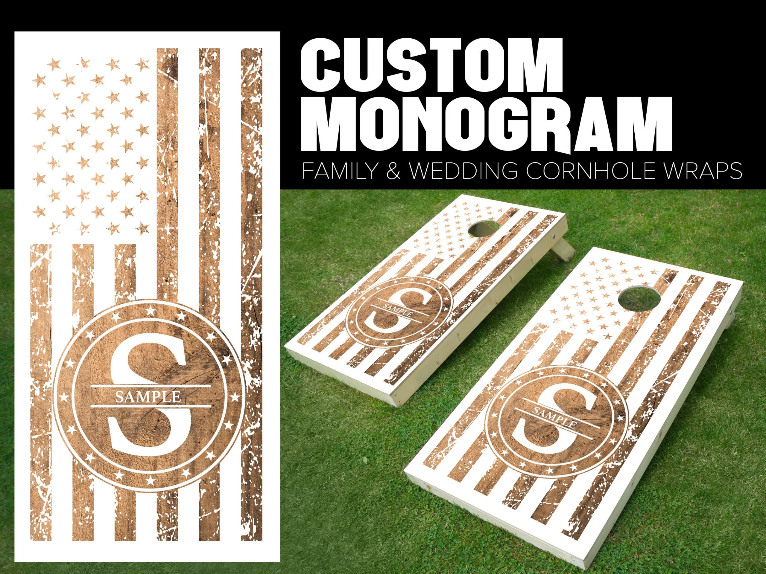 cornhole board wrap customized and personalized with family monogram wood stained with initials and American flag USA