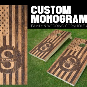 cornhole board wrap customized and personalized with family monogram wood stained with initials and American flag USA