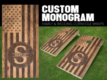 cornhole board wrap customized and personalized with family monogram wood stained with initials and American flag USA