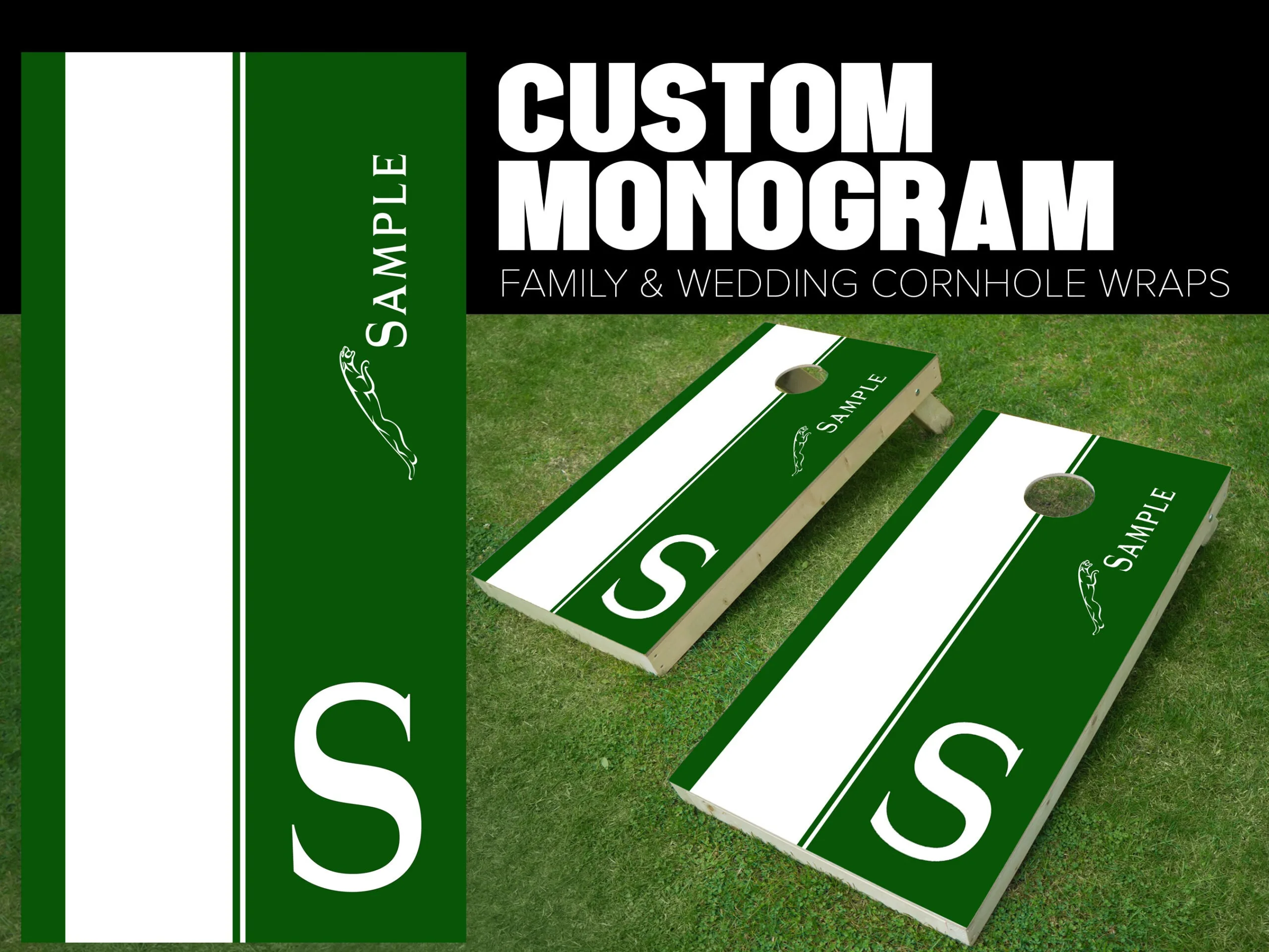 cornhole board wrap customized and personalized with family monogram jaguar racing with family monogram and intitial