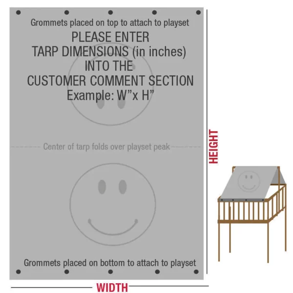 custom playset tarp illustration with grommet placement and size description showing how the ciutom playset installs on a outdoor swing set