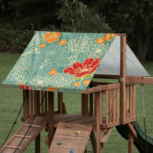 playset tarp swing set canopy teal and red orange flower pattern on playset roof