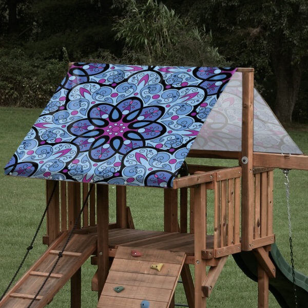 playset tarp swing set canopy art deco weave pattern purple and blue on playset roof