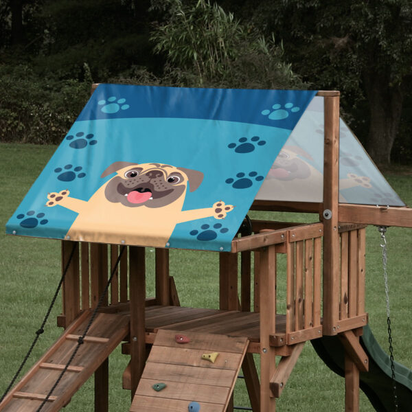 playset tarp swing set canopy pug dog hug character on playset roof