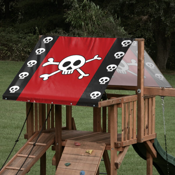 playset tarp swing set canopy red and black pirate skull flag on playset roof