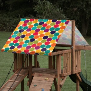 playset tarp swing set rainbow polka dot pattern on playset roof