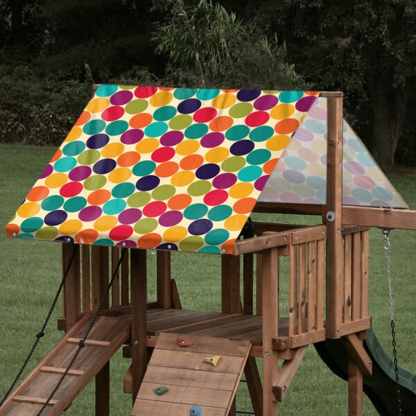 playset tarp swing set rainbow polka dot pattern on playset roof