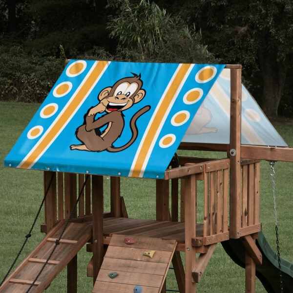 playset tarp swing set canopy monkey character on playset roof