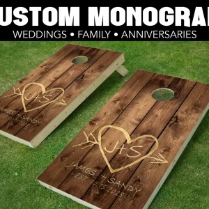 custom and personalized cornhole board wrap with family monogram wood plank with engraved initials and heart board mock up