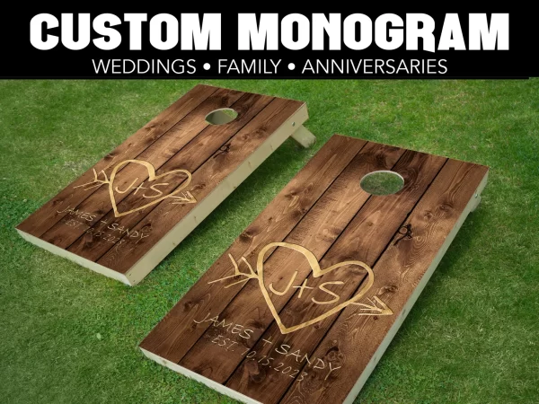 custom and personalized cornhole board wrap with family monogram wood plank with engraved initials and heart board mock up