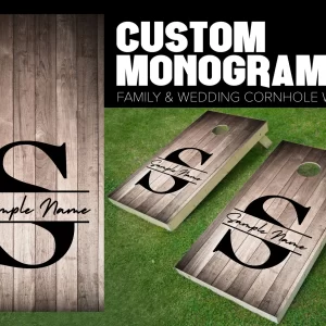 cornhole board wrap customized and personalized with family monogram wood stained with initials