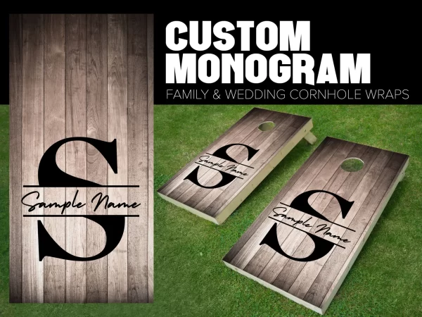 cornhole board wrap customized and personalized with family monogram wood stained with initials