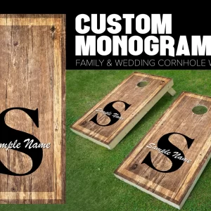 custom and personalized cornhole board wrap with family monogram wood stained with initials