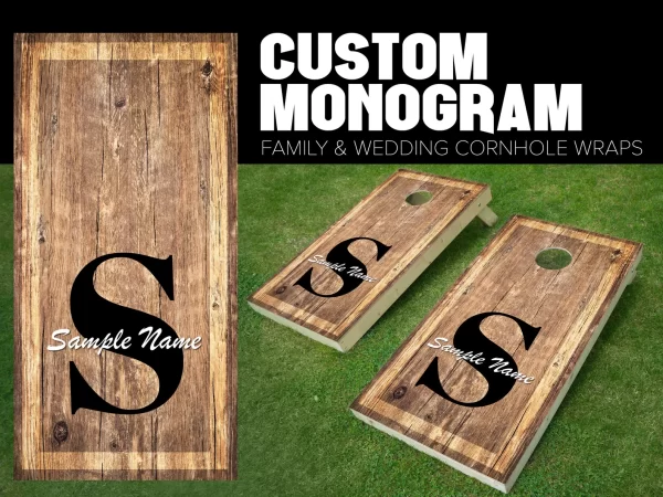 custom and personalized cornhole board wrap with family monogram wood stained with initials