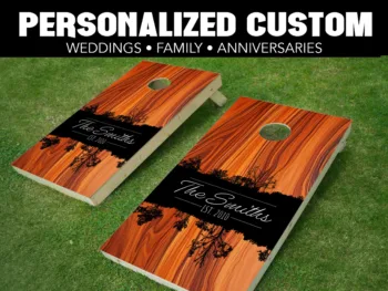 Personalized Family Name Cornhole Wraps - CH-0023 Forest Reflection Exotic Wood