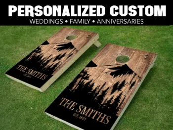 Personalized Family Name Cornhole Wraps - CH-0025 Mountain Tree Silhouette