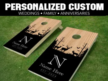 Personalized Family Name Cornhole Wraps - CH-0028 Tree Silhouette Deer