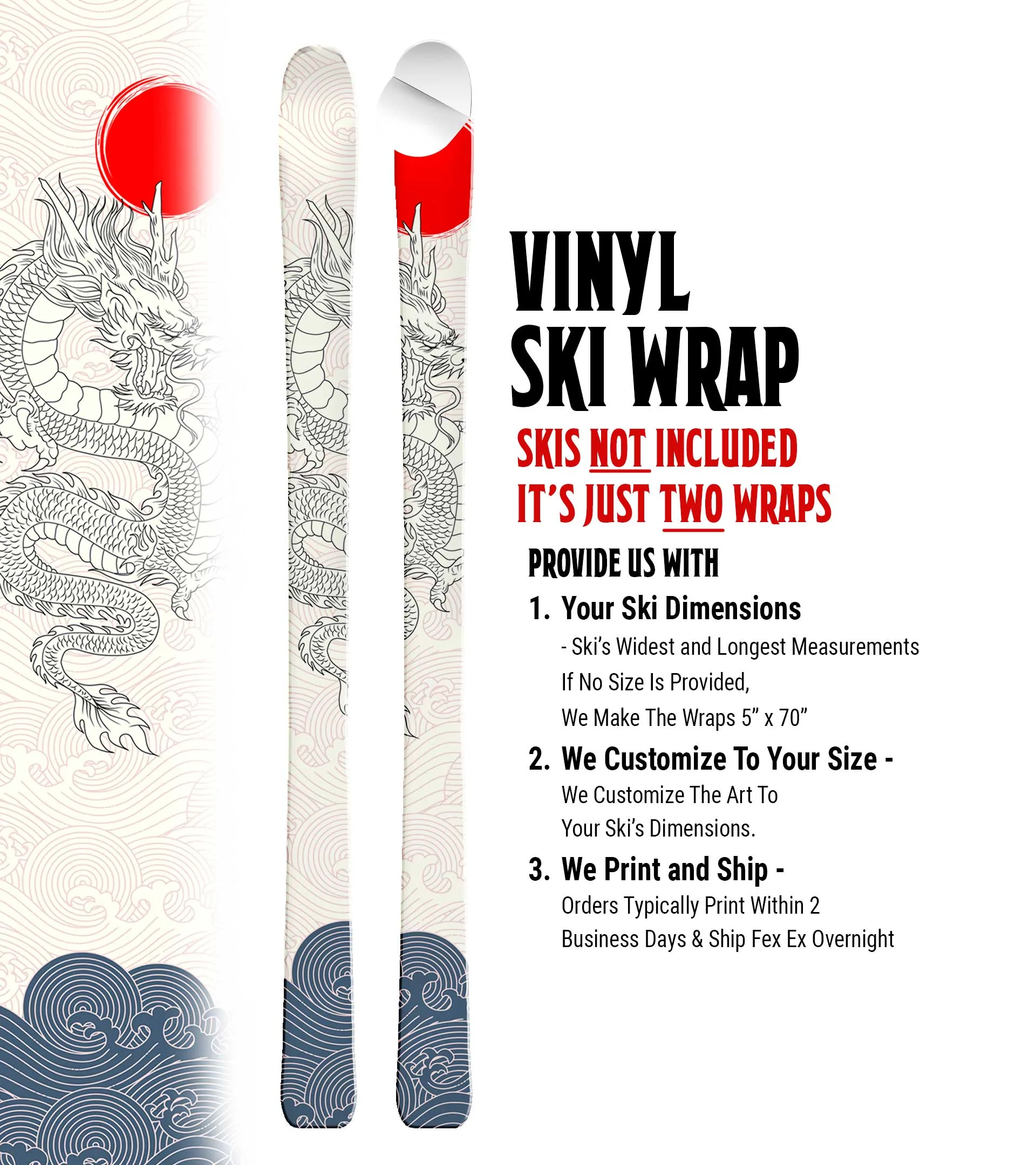 Vinyl Wrap for Snow Skis - 0001 Dragon and Red Sun (Up to 5"x70") - Ski NOT Included - Image 3